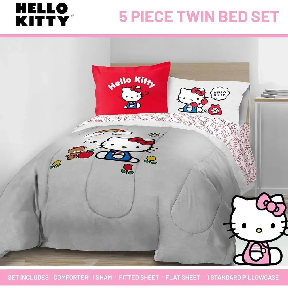 NEW Franco Sanrio Hello Kitty 5 Pc Twin Bedding Comforter & Sheet Set Gray Red